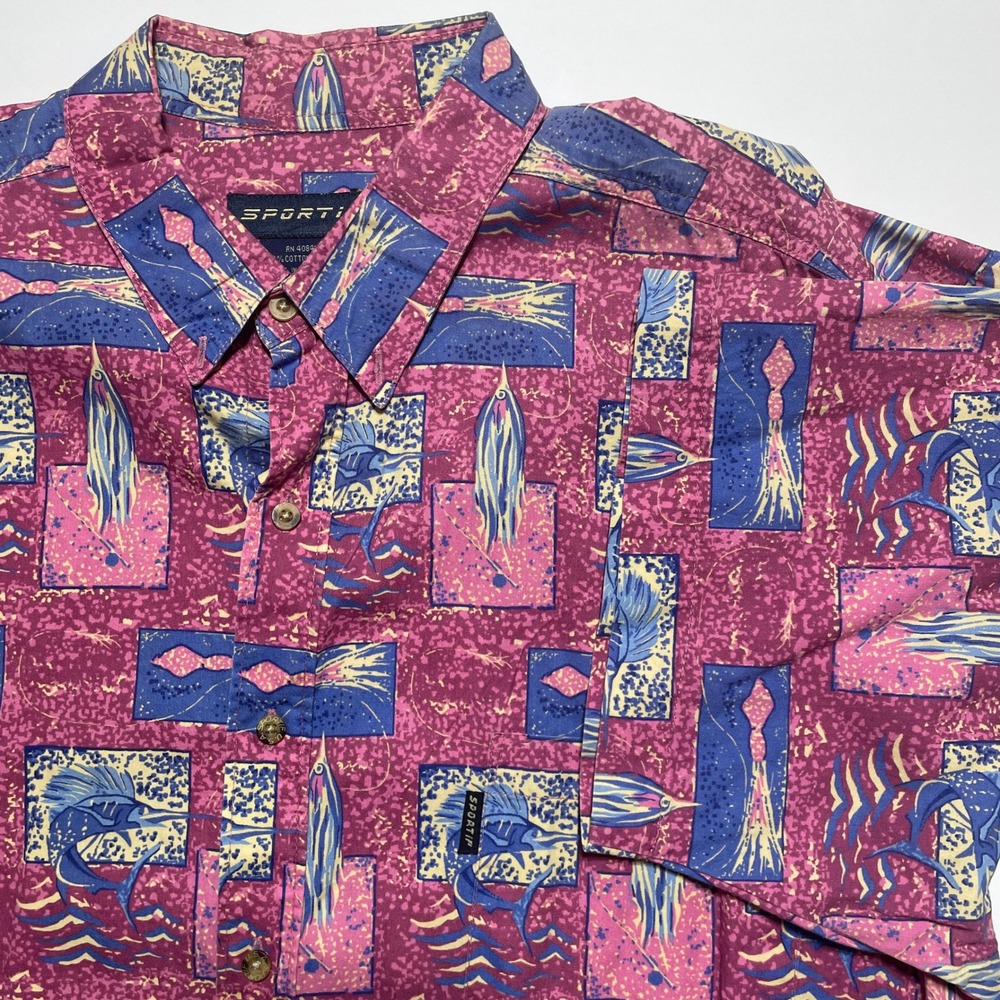 Vintage Sportif Mens XL Pink Blue Marlin Squid Fishing Short Sleeve Cotton